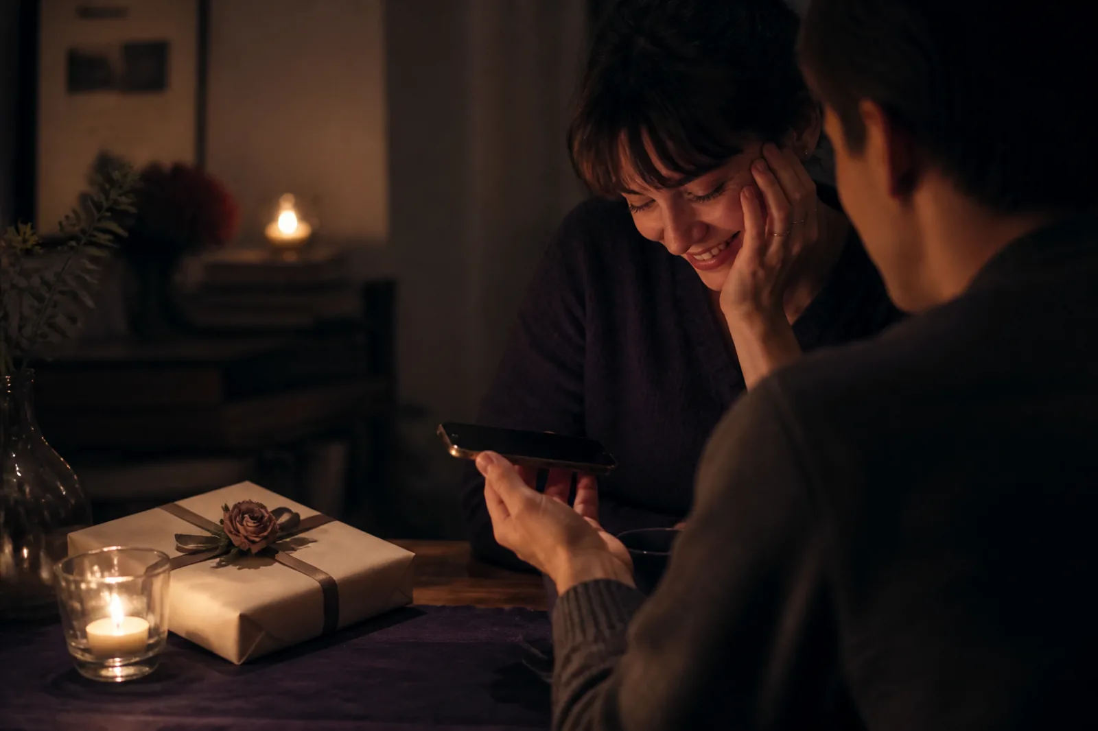 Two people sharing a personalized song gift at a quiet birthday table